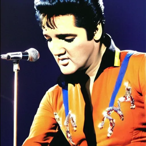 Prompt: elvis presley performing in a jumpsuit, art by alessandro pautasso, rainbow geometric face, beautiful