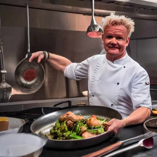 Image similar to hyper real Gordon Ramsey cooking a unicorn in kitchen 4k