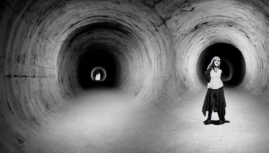 Prompt: portrait of a white female phantom an empty soviet tunnel, early black and white 8mm, heavy grain, high quality, liminal space style