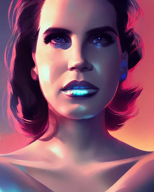 Image similar to portrait of lana del rey as a cyborg. intricate abstract. key art. intricate artwork. by tooth wu, wlop, beeple, dan mumford. 8 k octane render, trending on artstation, greg rutkowski very coherent symmetrical artwork. cinematic, hyperrealism, very detailed, iridescent accents