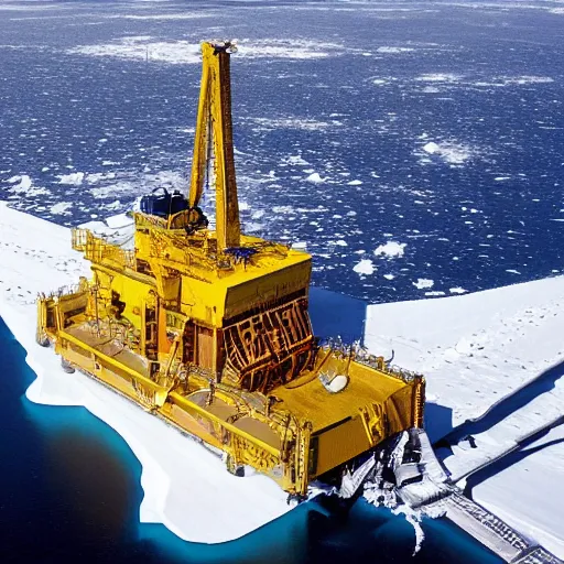 Prompt: immense tunnel boring drill breaks through surface ice into vast subterranean ocean