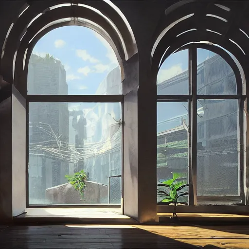 Image similar to modern interior with arched windows, natural sunlight, summer, hanging plants, cinematic, cyberpunk, lofi, calming, dramatic, fantasy, by zdzisław beksiński, Fantasy LUT, high contrast, epic composition, sci-fi, dreamlike, surreal, angelic, cinematic, 8k, unreal engine, hyper realistic, fantasy concept art,