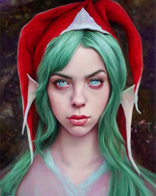 Image similar to billie eilish as a beautiful elf princess, oil painting, by laura sava