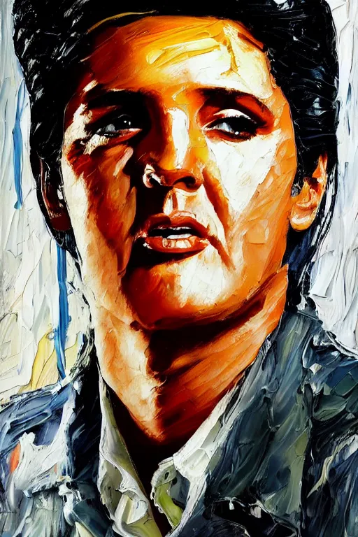 Image similar to highly detailed palette knife oil painting of Elvis Presley, wealthy, wise, by Peter Lindbergh, impressionistic brush strokes, painterly brushwork