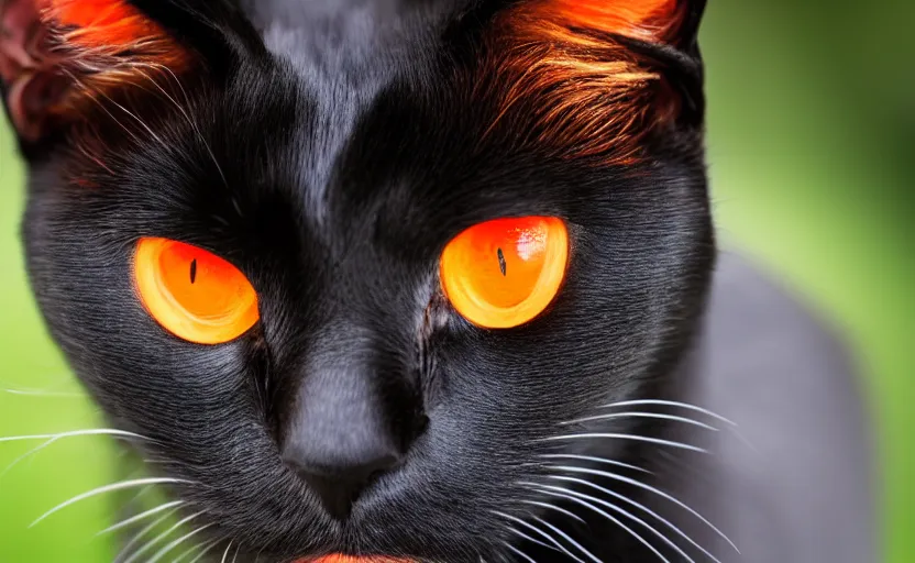 Prompt: A portrait of a black cat with orange and red eyes