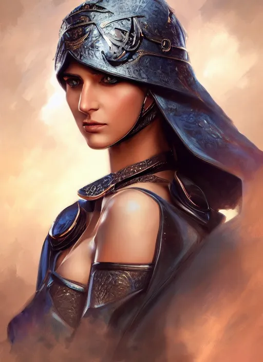 Image similar to Beautiful Arab girl, blue eyes, leather, portrait, fantasy, medieval, oil colors, elegant, concept art, sharp focus, beautiful face, digital art, Hyper-realistic, 4K, Unreal Engine, Highly Detailed, HD, Dramatic Lighting by Brom, trending on Artstation