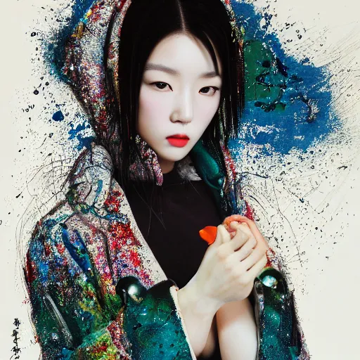 Prompt: photo realistic, high level of detail, high resolution, 3 5 mm lens : ( subject = korean top model + ( object = hoodie + object detail = high definition highly detailed baroque cyberpunk shamaness, varnished oil paint in bright colors on black background with small background color splatters, by katsuhiro otomo ) )