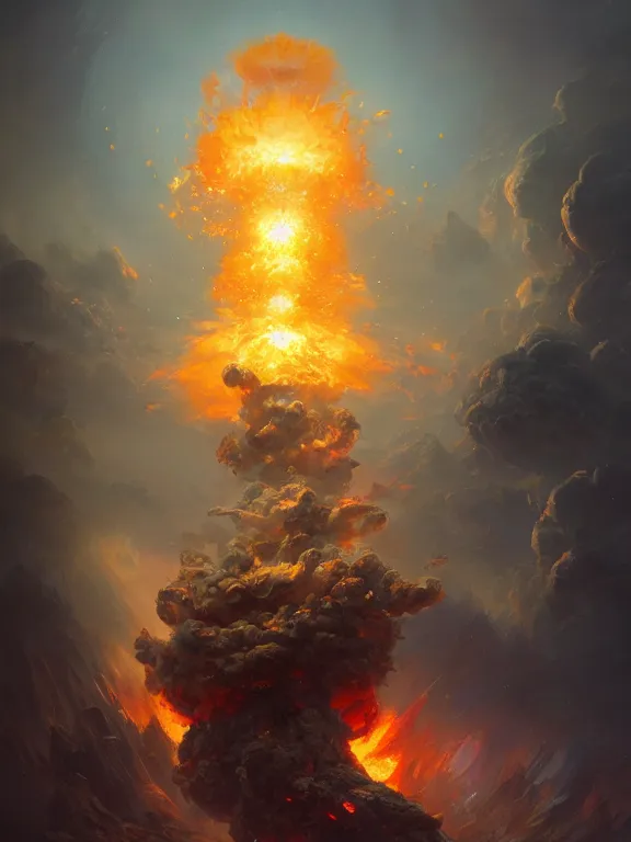 Prompt: photo of 8k ultra realistic nuclear explosion, mushroom cloud, full of colour, cinematic lighting, battered, trending on artstation, 4k, hyperrealistic, focused, extreme details,unreal engine 5, cinematic, masterpiece, art by Peter Mohrbacher