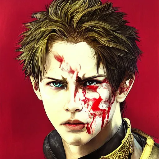 Image similar to portrait of a young white hero holding his sword next to his face covering his eye by yoji shinkawa, high quality, extra details, realism, ornate, colored, golden chain, blood, white skin, short hair, brown eyes, vivid, sunlight, dynamic, american man, freedom, white american soldier, painting