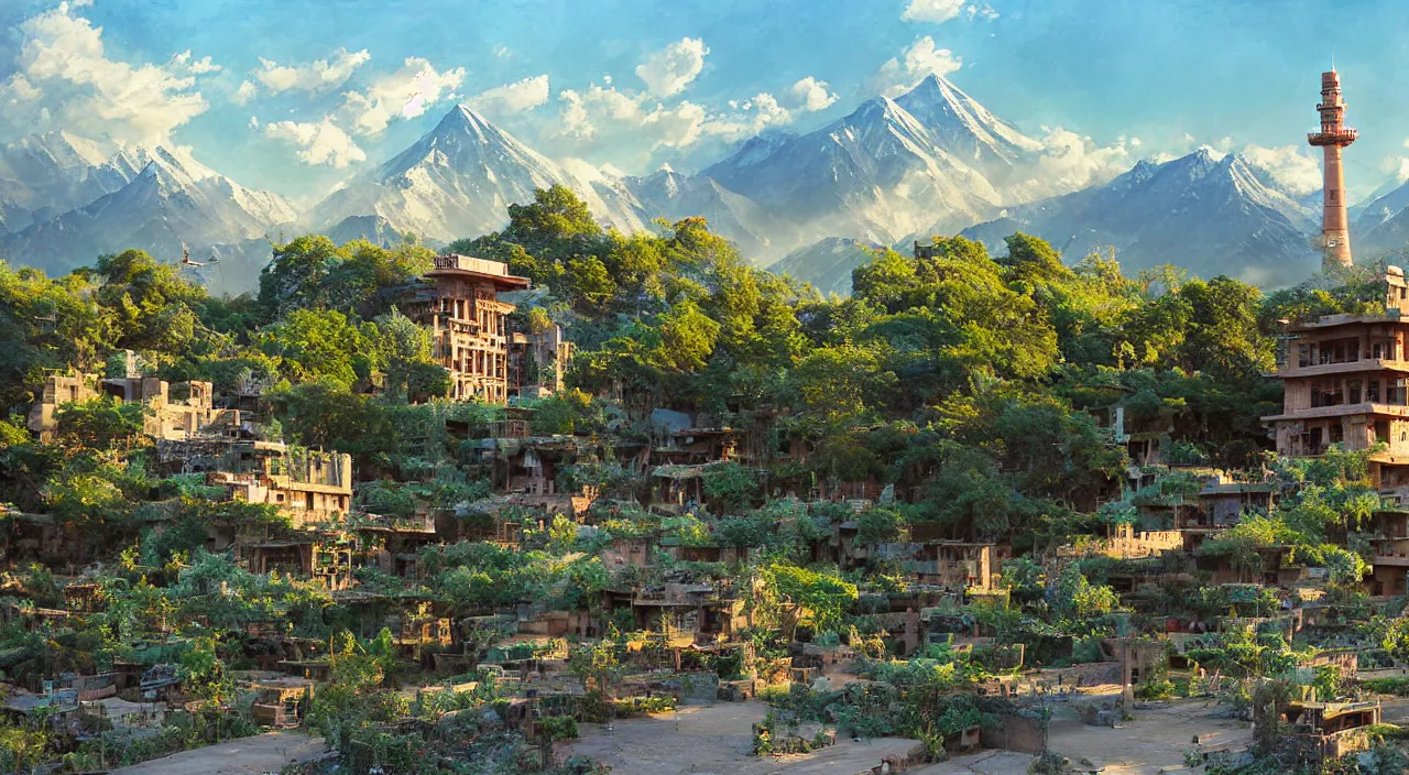 Image similar to retrofutristic city under kashmir mountains, khanqah - e - muala, little wood bridge, painting of tower ivy plant in marble late afternoon light, wispy clouds in a blue sky, by frank lloyd wright and greg rutkowski and ruan jia