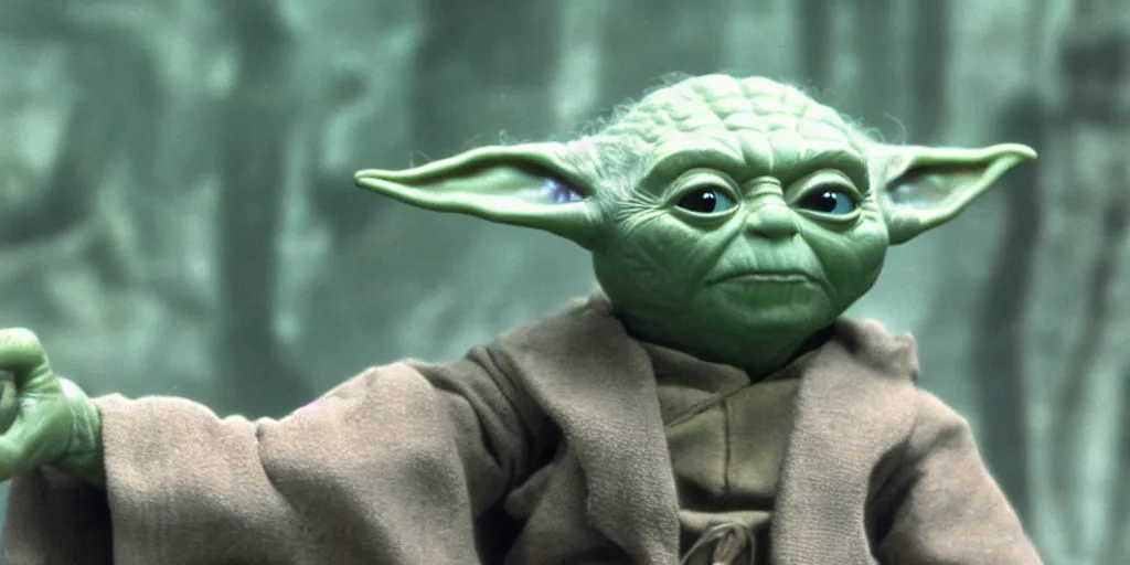 Image similar to yoda puppet from 1 9 8 0, empire strikes back, uhd, movie still, 4 k, dagobah