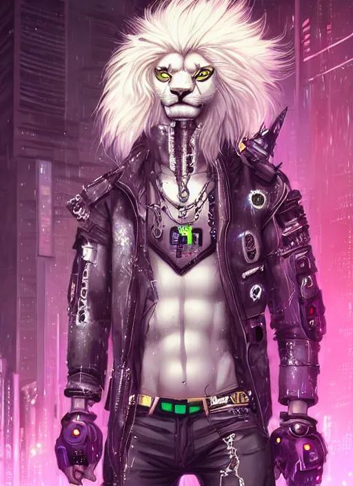 Image similar to esthetic portrait commission of a of a male muscular cyborg anthro albino lion with a neon metal tail and a cute beautiful attractive detailed furry face wearing stylish cyberpunk unkempt wired clothes in a cyberpunk city at sunset while it rains heavily. Character design by charlie bowater, ross tran, artgerm, and makoto shinkai, detailed, inked, western comic book art, 2021 award winning painting