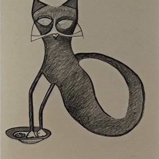 Prompt: saul steinberg drawing of a sphinx playing with a cat.