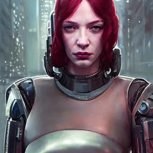 Prompt: highly detailed upper body portrait christina hendricks wearing shiny plastic armor cyberpunk in gta v, stephen bliss, unreal engine, fantasy art by greg rutkowski, loish, rhads, ferdinand knab, makoto shinkai and lois van baarle, ilya kuvshinov, rossdraws, tom bagshaw, global illumination, radiant light, detailed and intricate environment