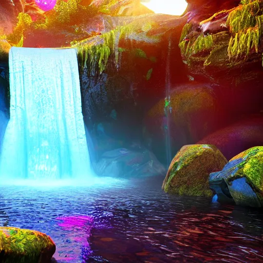 Prompt: the universe is a waterfall spilling onto the rocks of forgiveness in a million bright colors of swirling love, unreal engine, dramatic lighting, cinematic