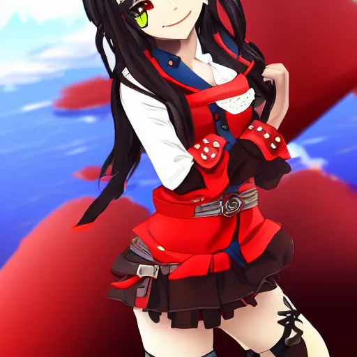 Prompt: Houshou Marine. Hololive character. Anime girl, 宝鐘マリン. Red pirate outfit and black pirate tricorn. Ahoy! Pirate girl ANIME drawing. brickred outfit colorscheme. Her name is Houshou Marine. Anime cute face. Yun Jin artist. Naoki Saito artist