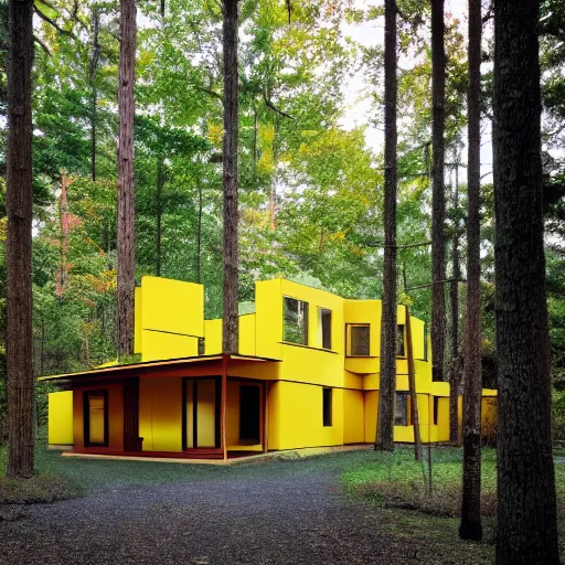 Image similar to architecture ad for a mid-century modern house in the middle of the forrest, designed by Frank Gehry. Film grain, cinematic, colorized, yellow hue