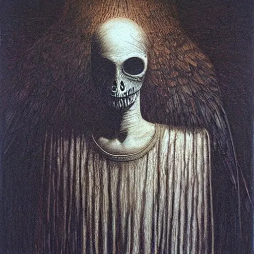 Image similar to young teen female, who has head of crow instead of human, painting by Beksinski