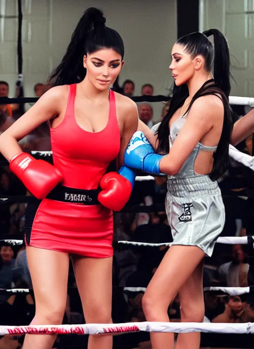 Image similar to film still of kylie Jenner boxing kim kardashian.