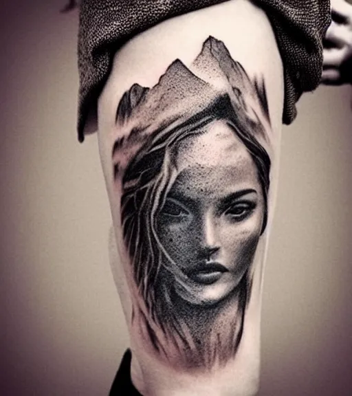 Prompt: beautiful mountain scenery with a beautiful woman face, amazing blend effect, tattoo design sketch, hyper - realistic, in the style of matteo pasqualin, amazing detail, black and white