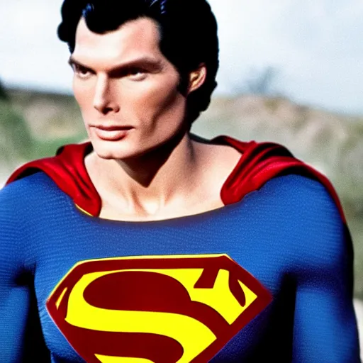 Image similar to 3 5 mm photo of christopher reeve as superman in new movie