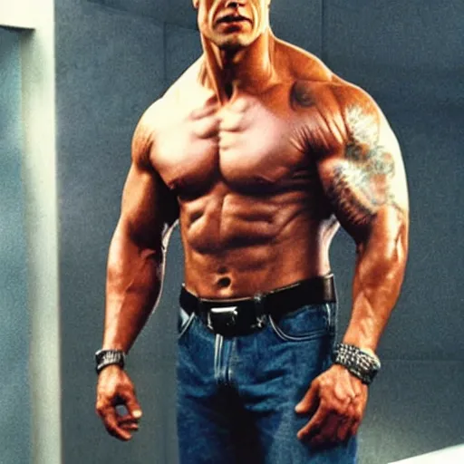 Image similar to Dwayne the rock Johnson with a really big forehead with abbs