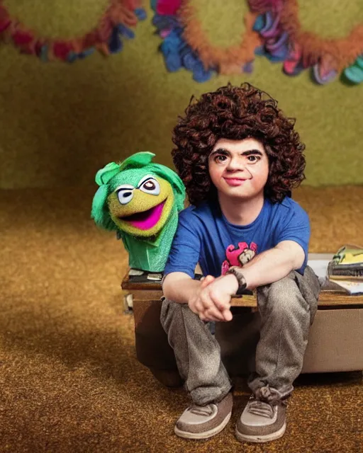 Prompt: dustin henderson gaten matarazzo as a muppet. highly detailed felt. hyper real photo. 4 k.