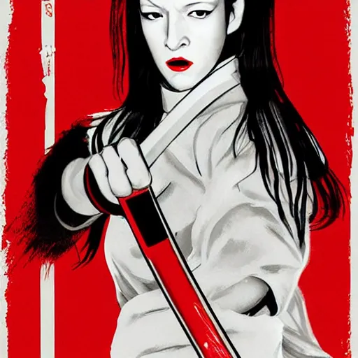 Prompt: kill bill movie poster with uma thurman swinging katana by tarantino, wlop and artgem