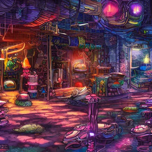 Image similar to anime background of an undersea slums shopping district built from various sea shells and corals, seaweed, light prisms, light diffraction, steampunk, cyberpunk, cool colors, caustics, anime, vhs distortion