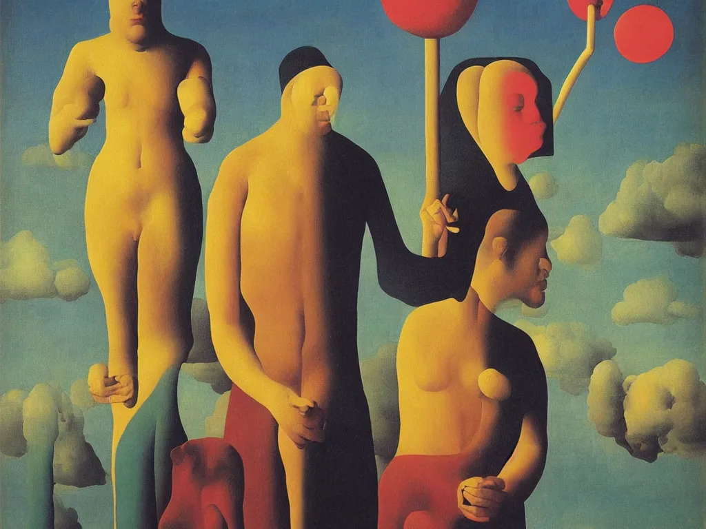 Prompt: cosmic lollipop with man and woman in meditation. painting by rene magritte, jan van eyck, max ernst, paul delvaux