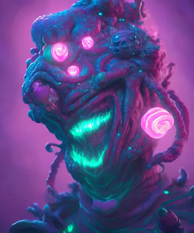 Image similar to a xanathar made of bioluminescence slimy skin, fantasy, elegant, crisp 8 k line art, digital painting, artstation, unreal engine, octane render, emissive lighting, concept art, matte, sharp focus, hyper realistic lighting, illustration, deep royal blue and pink color scheme, art by wlop