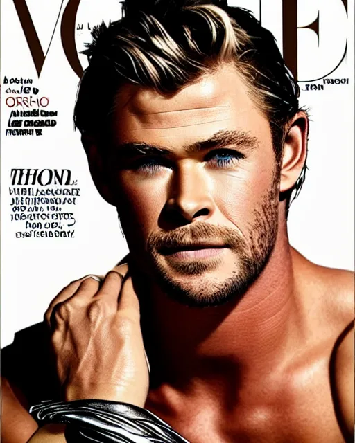 Image similar to Chris Hemsworth looking like Wonder Woman, Vogue cover photo, realistic face, detailed face, highly detailed, professional photo