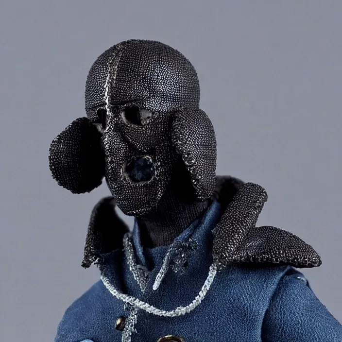 Prompt: kanye west, a hot toys figure of kanye west using a black face - covering mask with small holes, a blue overinflated puffer jacket and black rubber boots, figurine, detailed product photo