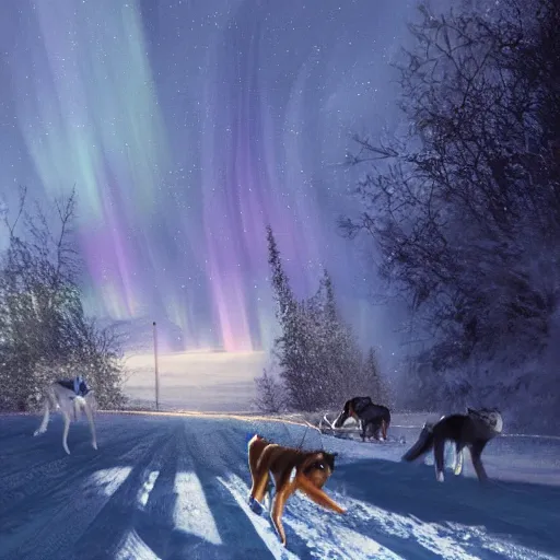 Image similar to a winter scene at night, northern lights, dog sled team, matte painting, high quality, trending on artstation