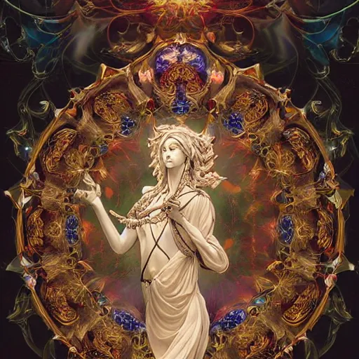 Prompt: beautiful classical holy decorative ornament, sacred python spirit, crystals, sunset colors, acanthus scrolls, lilies, ivy, anatomy, energy, geometry, magnolia, bones, petals, stems, ceremonial clouds, dripping colorful paint, fibonacci rhythm, artstation, art germ, wlop, anime, manga, yoji shinkawa, krenz cushart,