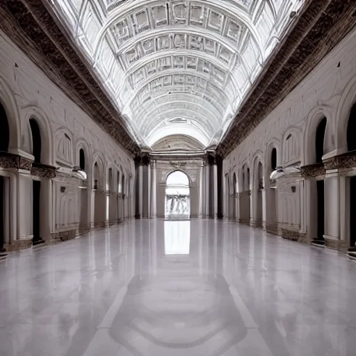 Image similar to grand empty marble museum, architecture, high ceiling, white walls, white floor, ivory, grand lighting, fantasy, ultra - realistic, big halls, ornate