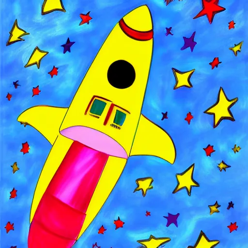 Image similar to a painting of a rocket ship flying through space, a child's drawing by Peter Max, behance contest winner, space art, behance hd, photoillustration, childs drawing