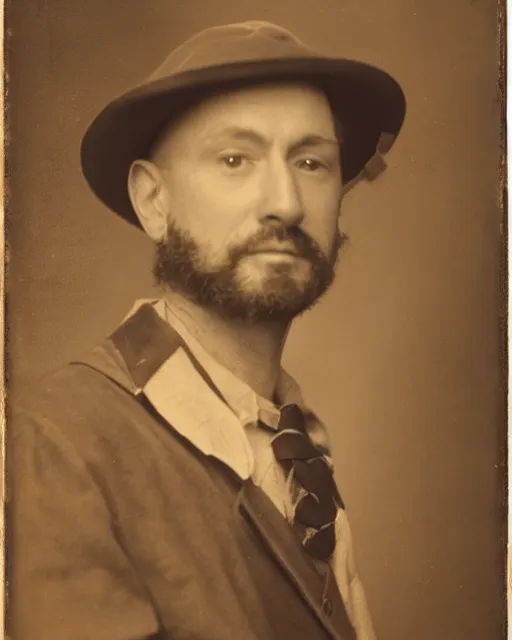 Image similar to gentlemen wearing a hat and wearing a baby sling on the back with a kitten in the sling, studio portrait, golden ratio, backlit