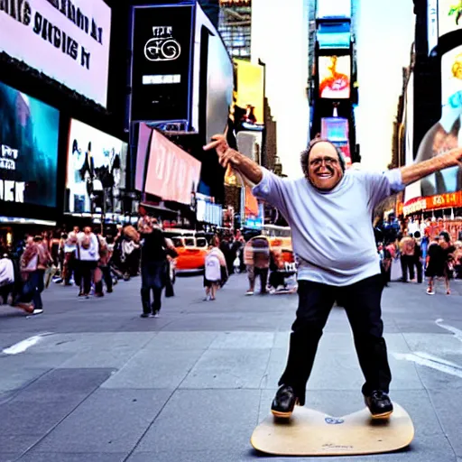 Image similar to photograph of danny devito skateboarding in times square