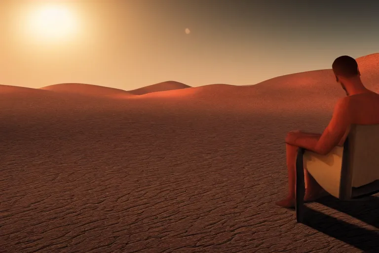 Image similar to a man is sitting on the chair in the desert and his arms and legs are melting, surreal, 4k, ultra details, cinematic, epic style, beautiful photo, hyper realistic, octane render, unreal engine, award winning, on artstation, volumetric lightning, masterpiece, golden hour,