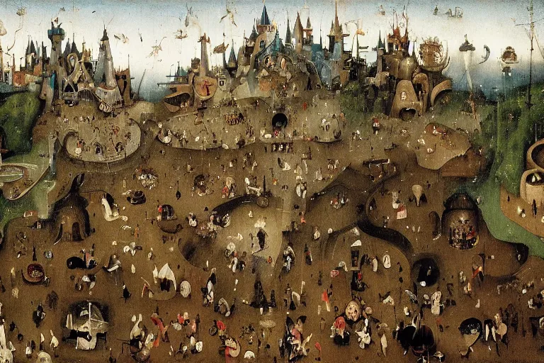 Prompt: Disneyland painted by Hieronymus Bosch, painted on oakwood