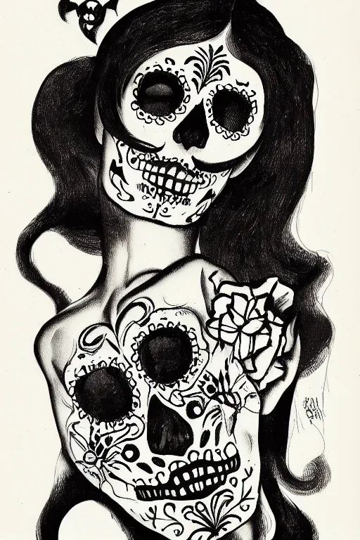 Prompt: illustration of a sugar skull day of the dead girl, art by man ray