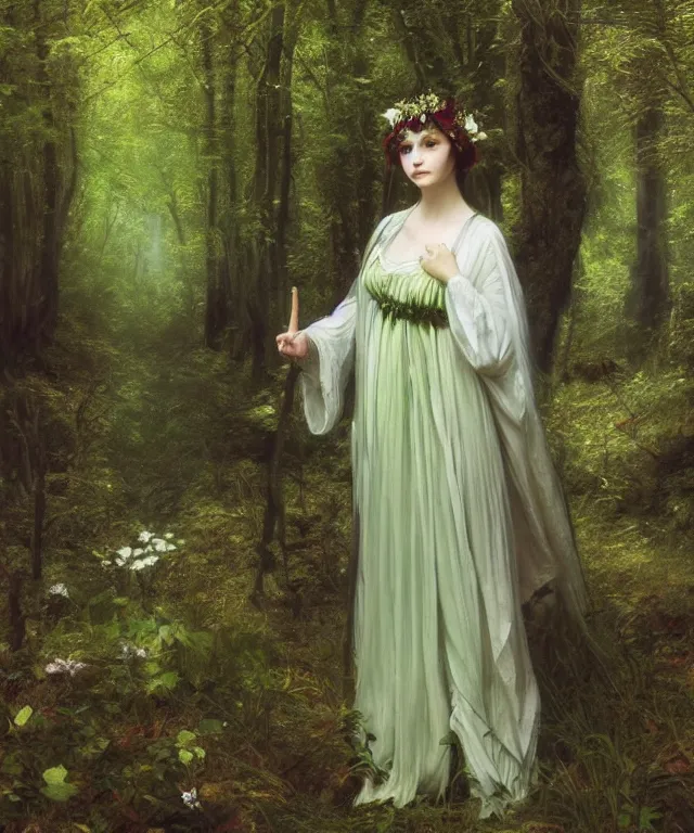 Image similar to young beautiful fey druid woman, full body portrait, white hair, flower crown, dark green robes, intricate, standing in a dark forest, sunbeams, in style of john everett millais