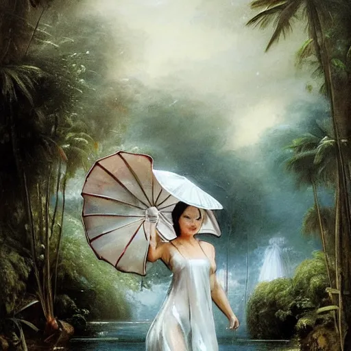 Image similar to monsoon on tropical island, endowed oriental goddess in white, elegant, frontal, ornate, beautiful, atmosphere, vibe, mist, coconuts, rain, wet, pristine, puddles, melting, dripping, snow, creek, lush, ice, bridge, forest, roses, flowers, by stanley artgerm lau, greg rutkowski, francisco de goya