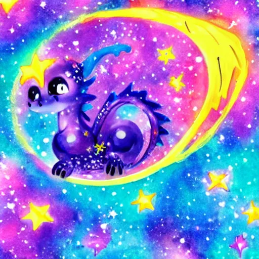 Image similar to cute kawaii baby dragon, galaxy, stars, cosmos, nebula, in the style of lisa frank, watercolor painting