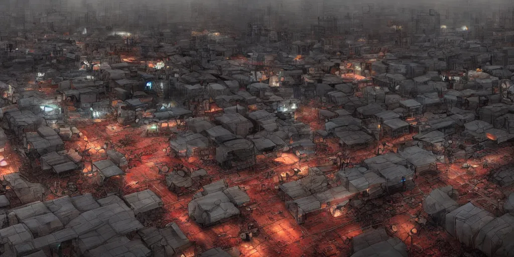 Prompt: dystopian city with endless refugees tents on different heights of huge ruined buildings, neon lights, sci - fi, night lights, rain and haze, concept art, intricate, photorealistic, in the style of katsuhiro otomo, akira, octane render, rtx, hdr, unreal engine