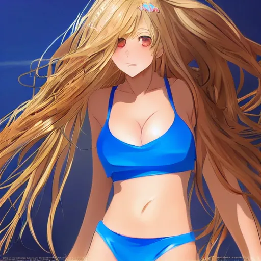 Image similar to a very beautiful young tennis anime cute girl, full body, long wavy blond hair, sky blue eyes, full round face, bikini, miniskirt, front view, mid - shot, highly detailed, cinematic wallpaper by stanley artgerm lau