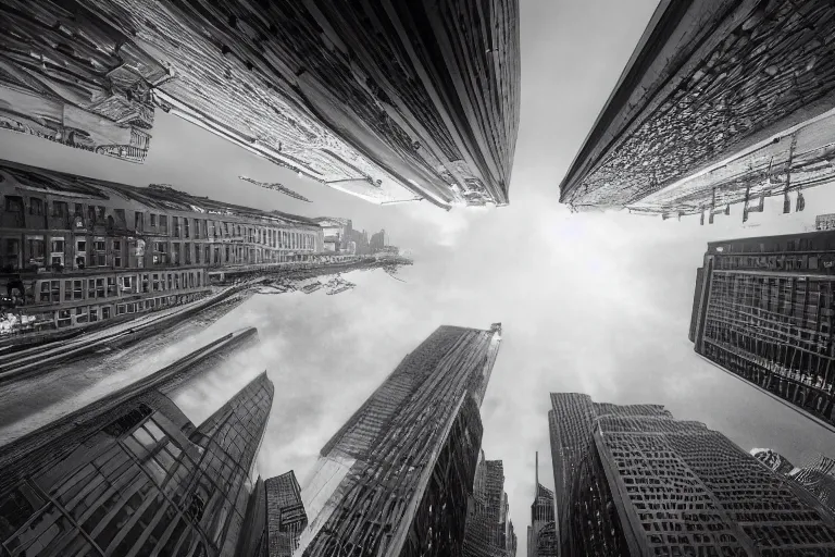 Image similar to beautiful city photography of new york, wide angle, marc adamus, looking up, buildings