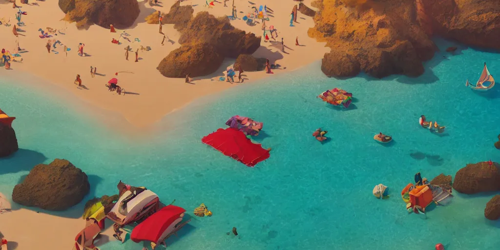 Prompt: a film still of a sunny and colourful beach scene without people in santa monica, los angelos, wide shot, waist up, wes anderson, studio ghibli, pixar and disney animation, sharp, rendered in unreal engine 5, anime key art by greg rutkowski, bloom, dramatic lighting