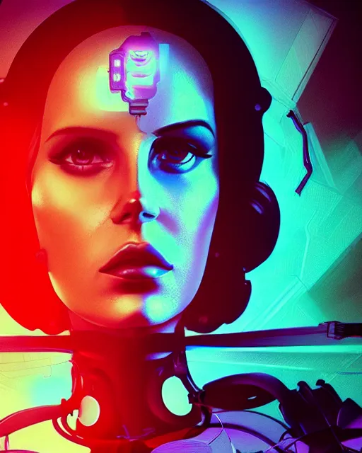 Image similar to portrait of lana del rey as a cyborg. intricate abstract. intricate artwork cyberpunk by tooth wu, wlop, beeple, dan mumford. octane render, trending on artstation, greg rutkowski ruan jia, cinematic lighting, hyper realism, high detail, octane render, 8 k, key art, blue and pink iridescent accents